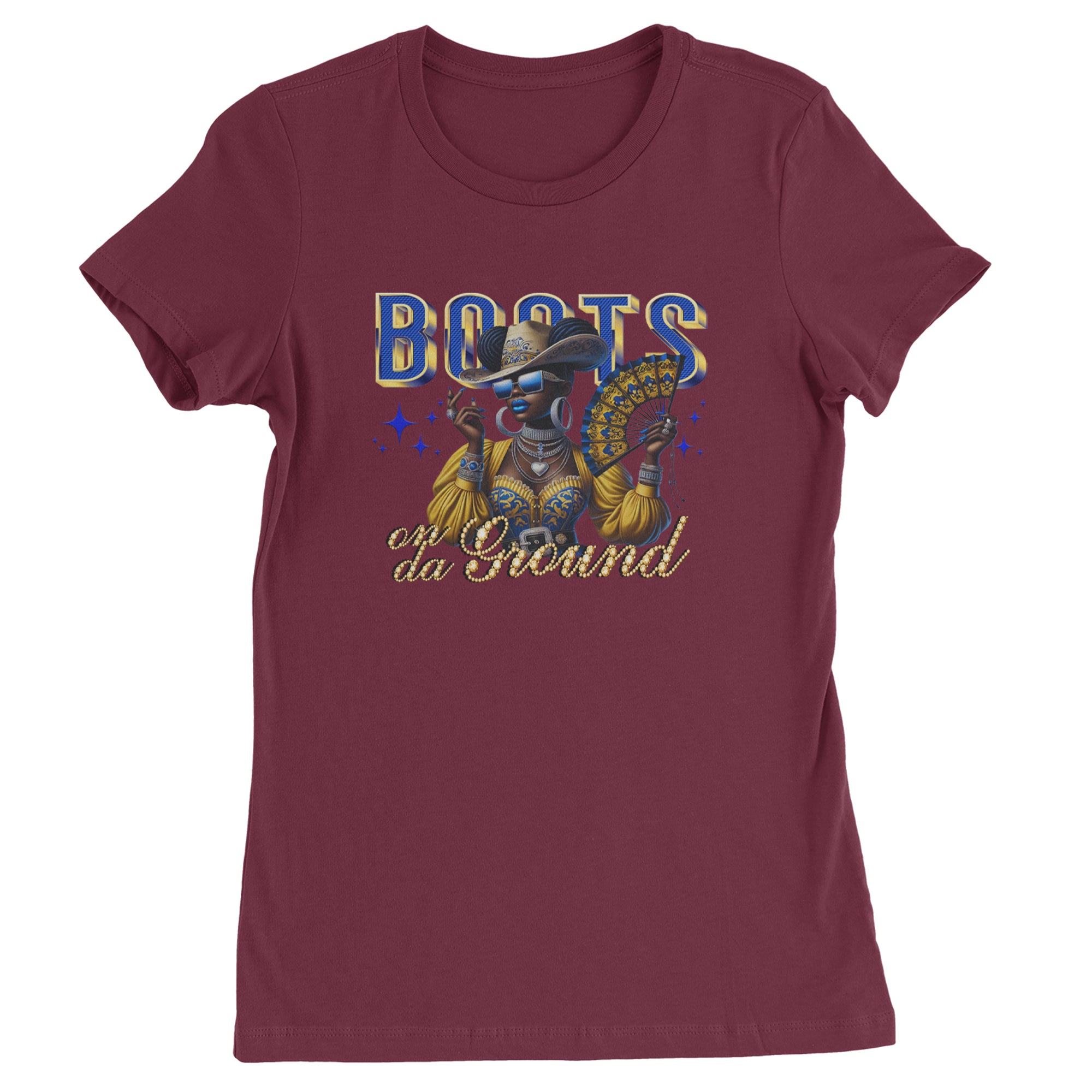 Boots On Da Ground Folding Fan Womens T-shirt Maroon