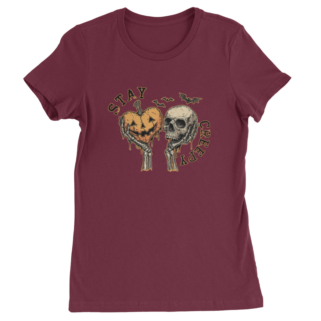 Stay Creepy Skull and Pumpkin Halloween Womens T-shirt Maroon