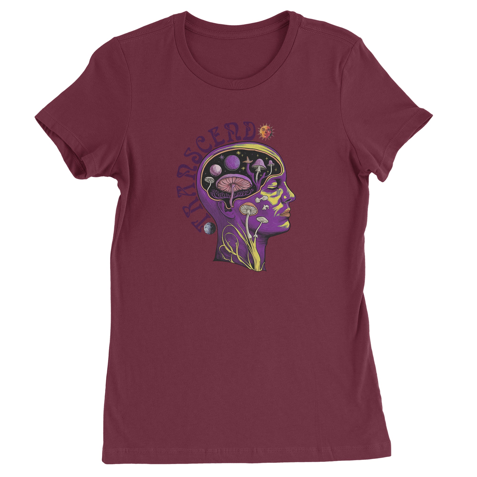 Psychedelic Cosmic Mushroom Head Womens T-shirt Maroon