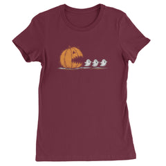 Pumpkin Pacman Chasing Ghosts Halloween Womens T-shirt Maroon