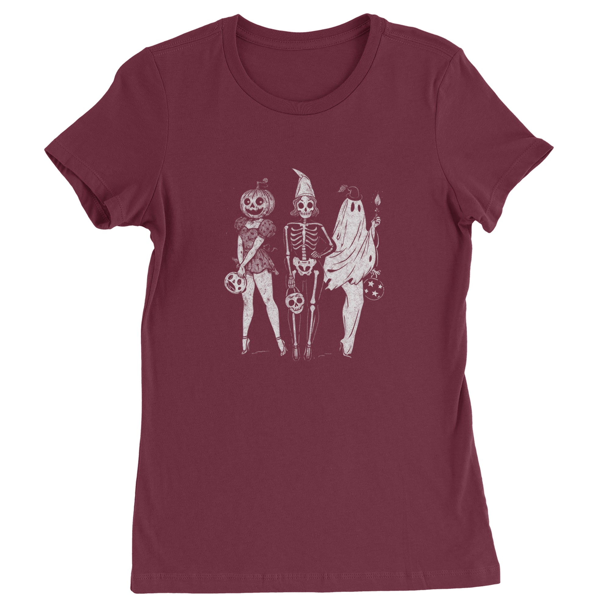 Vintage Spooky Squad Pinup Halloween Design Womens T-shirt Maroon