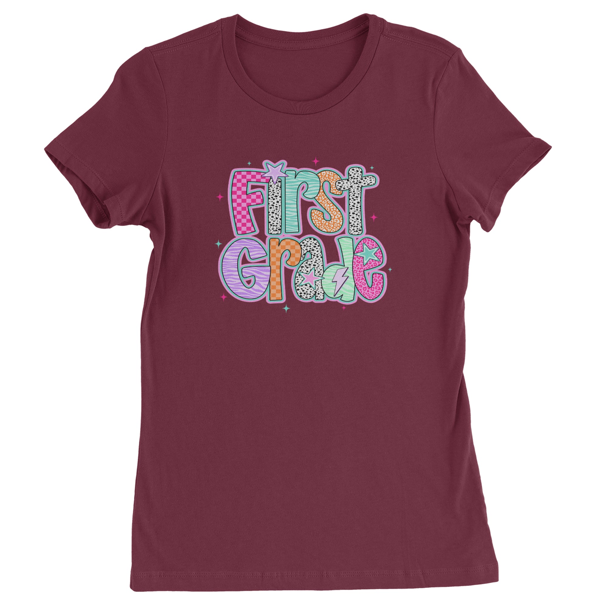 First Grade Vibes Colorful Back to School Womens T-shirt Maroon