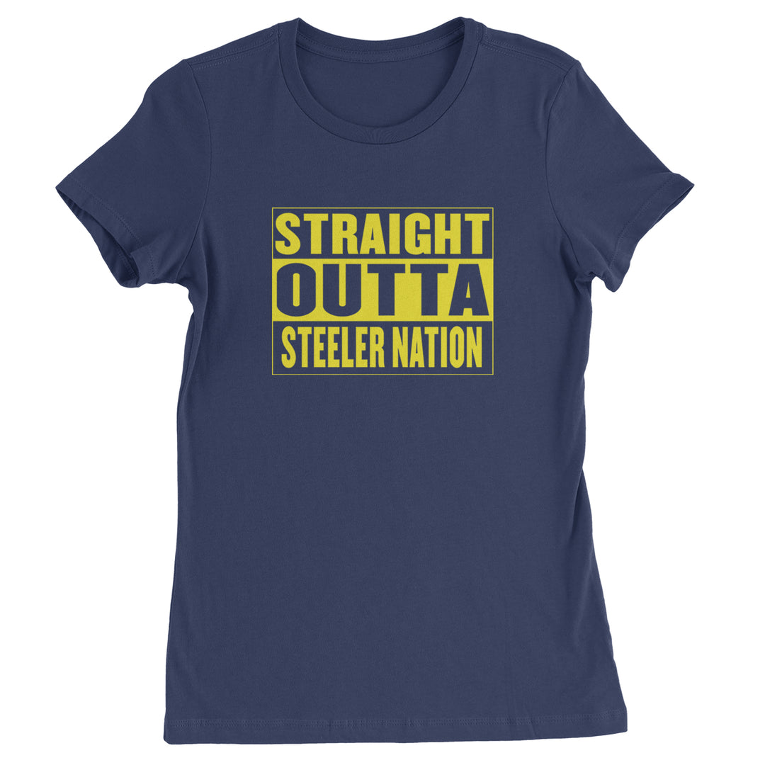 Straight Outta Steeler Nation Football graphic on Women's Heavyweight Cotton T-Shirt in Navy Blue