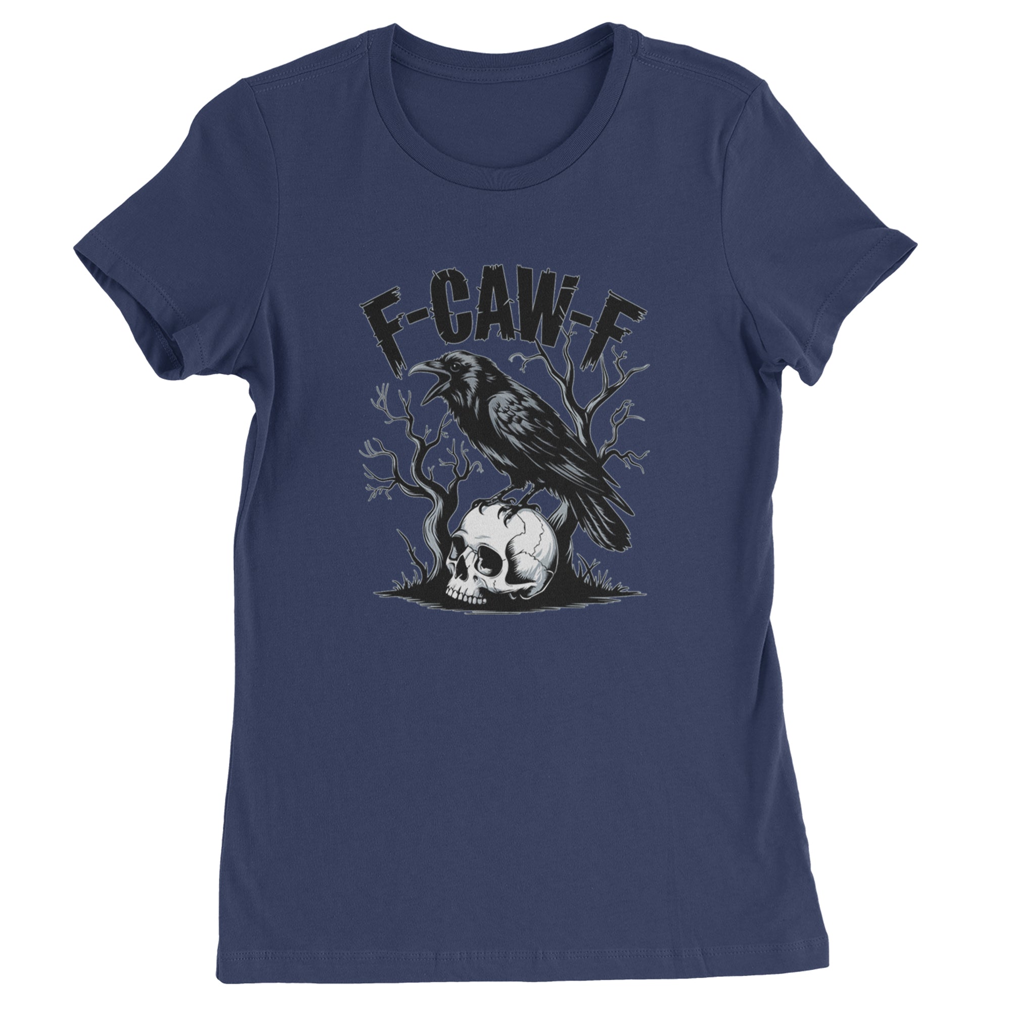 F-Caw-F Crow On Skull F-ck Off Gothic Womens T-shirt Navy Blue