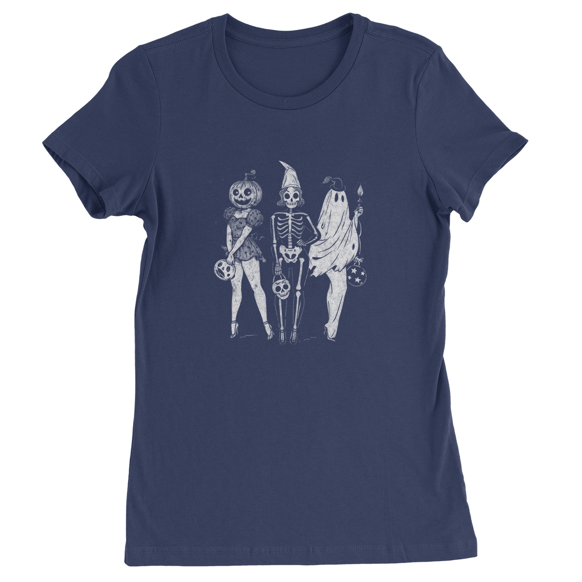 Vintage Spooky Squad Pinup Halloween Design Womens T-shirt Navy Blue