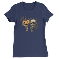 Stay Creepy Skull and Pumpkin Halloween Womens T-shirt Navy Blue