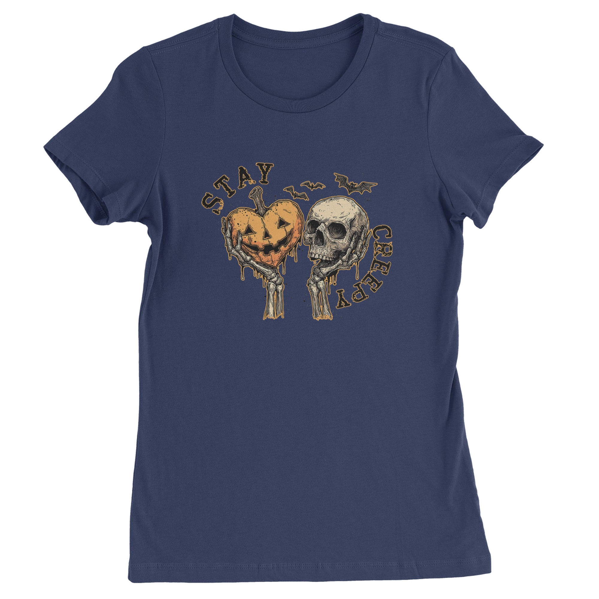 Stay Creepy Skull and Pumpkin Halloween Womens T-shirt Navy Blue