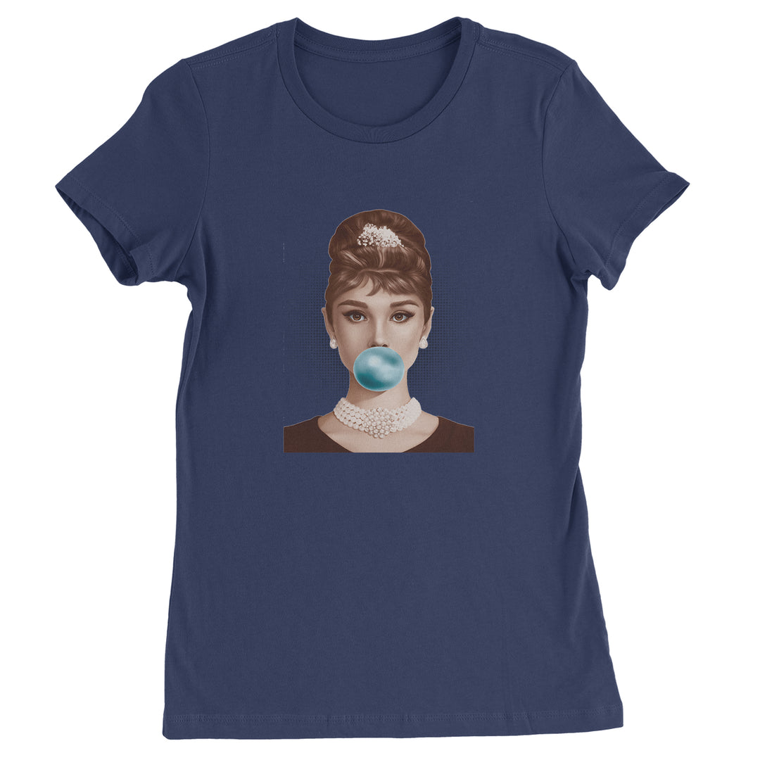 Audrey Hepburn Chewing Bubble Gum American Icon Womens T-shirt Navy Blue