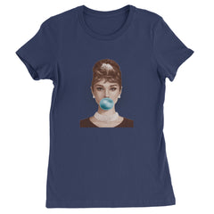 Audrey Hepburn Chewing Bubble Gum American Icon Womens T-shirt Navy Blue