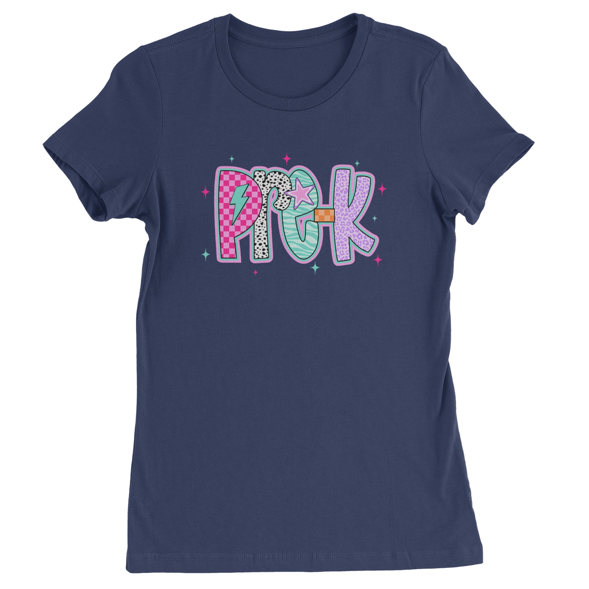 Pre-K Party Time Colorful Back to School Womens T-shirt Navy Blue