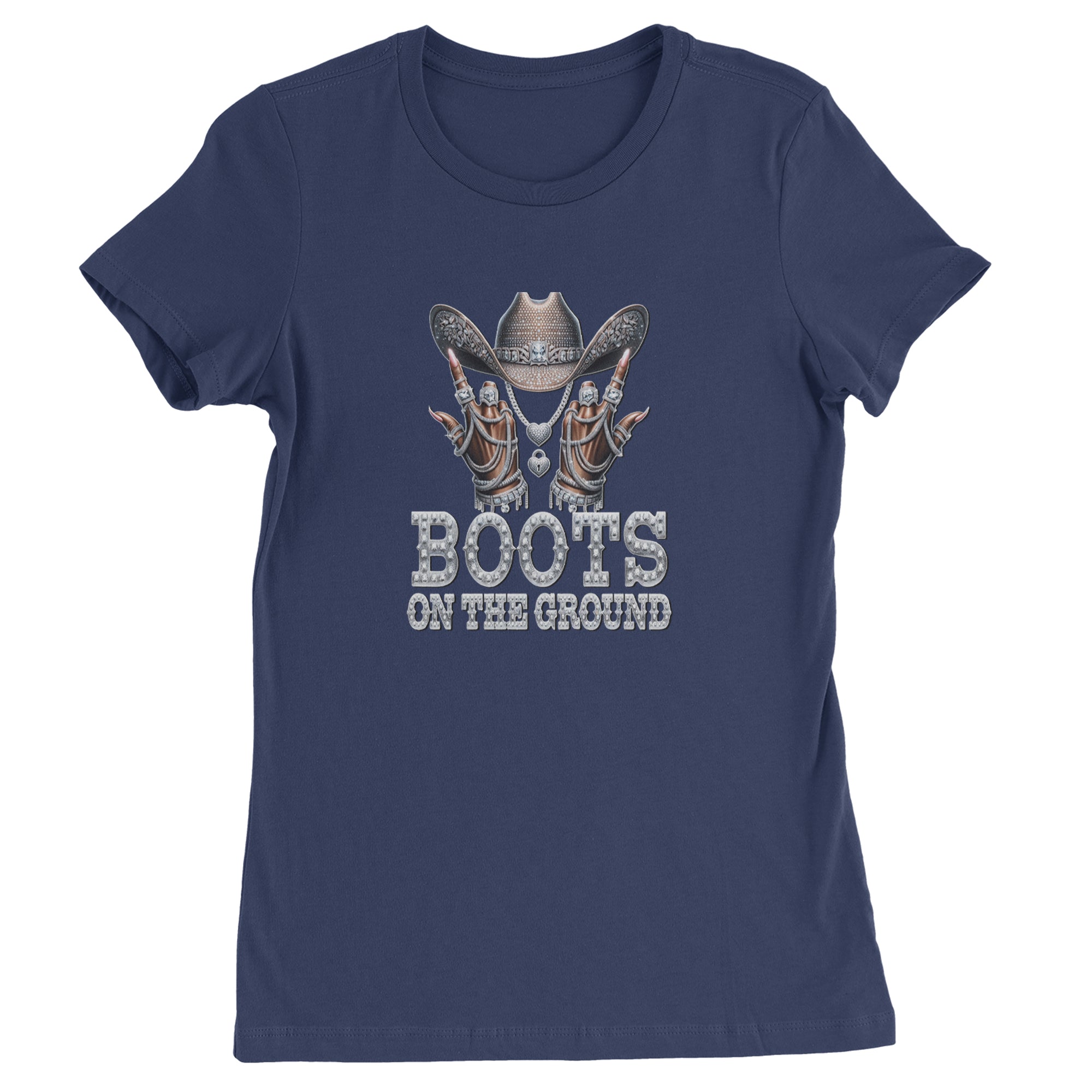 Boots On The Ground Bling Womens T-shirt Navy Blue