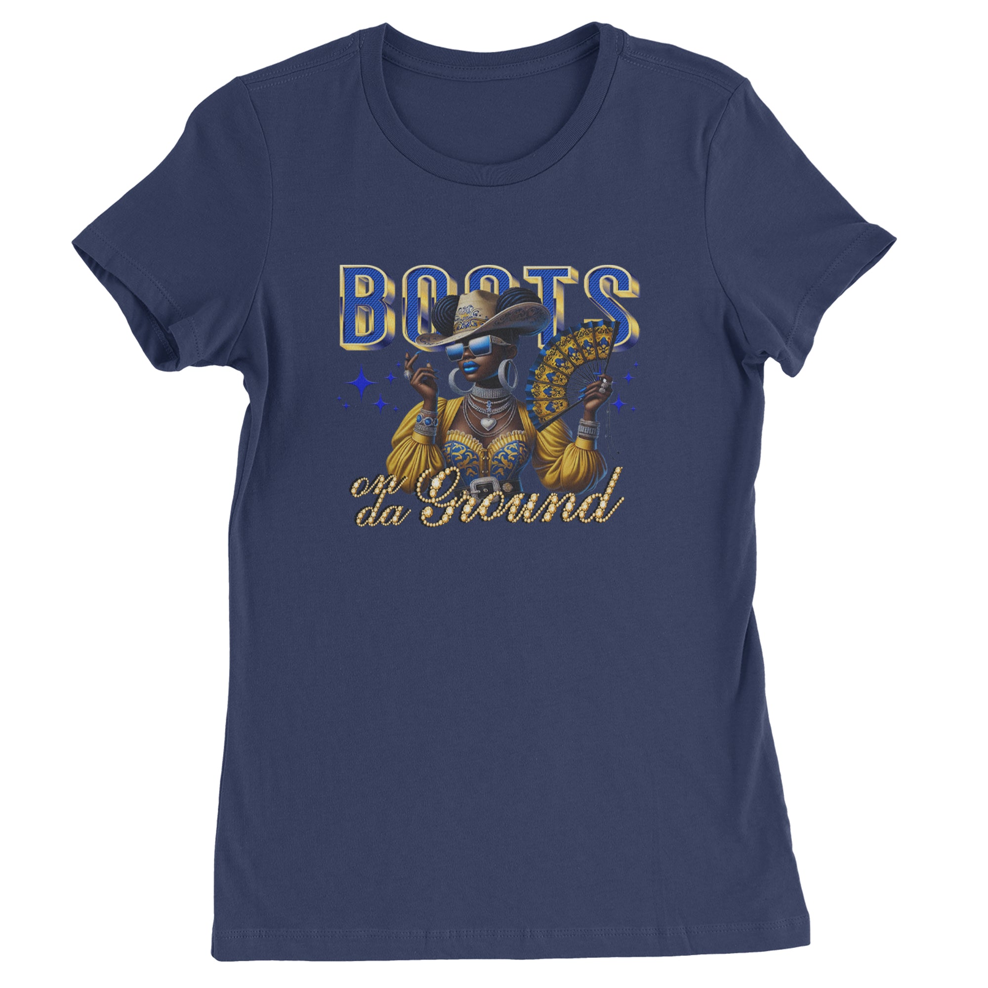 Boots On Da Ground Folding Fan Womens T-shirt Navy Blue