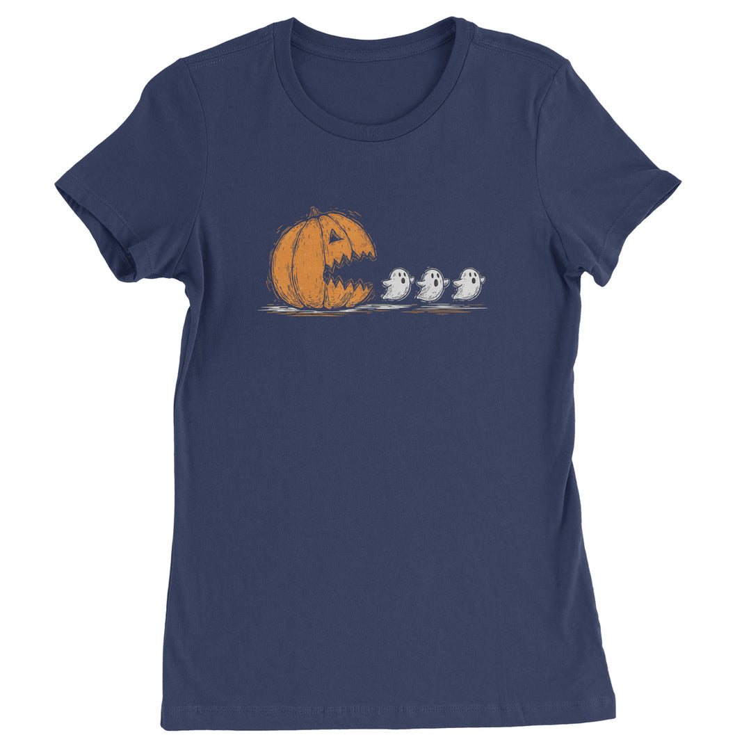 Pumpkin Pacman Chasing Ghosts Halloween Womens T-shirt Navy Blue