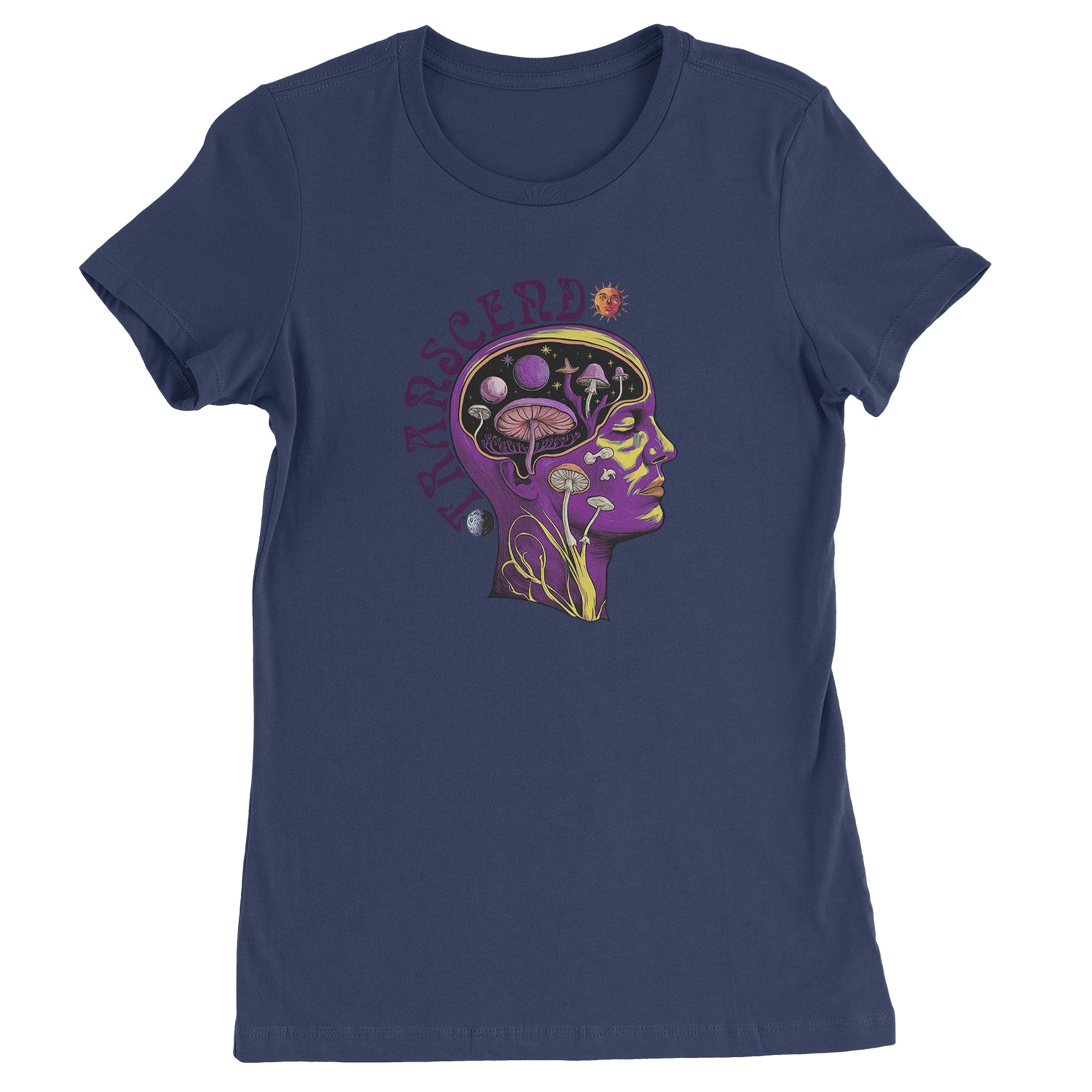 Psychedelic Cosmic Mushroom Head Womens T-shirt Navy Blue