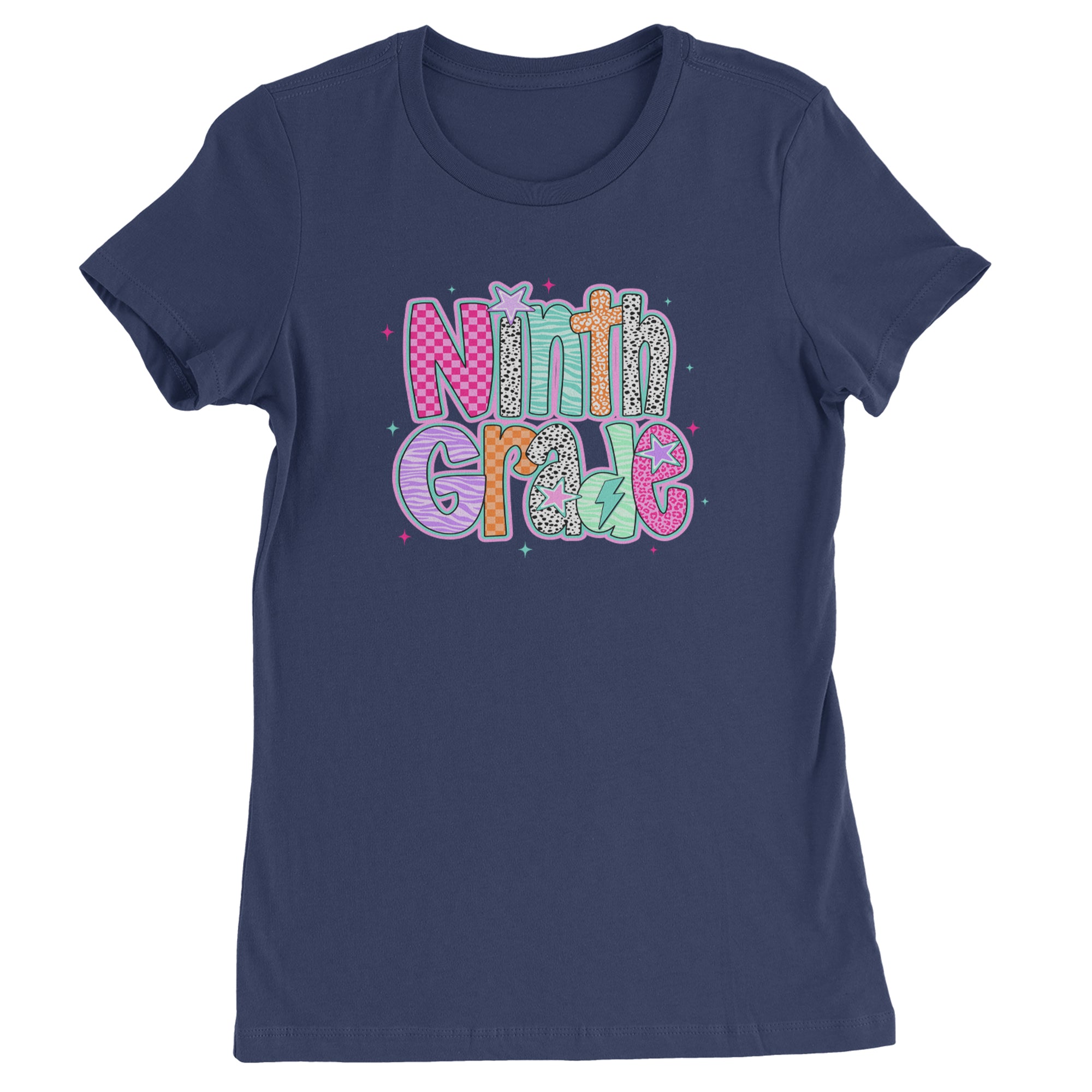 Ninth Grade Freshman Vibes Colorful Back to School Womens T-shirt Navy Blue