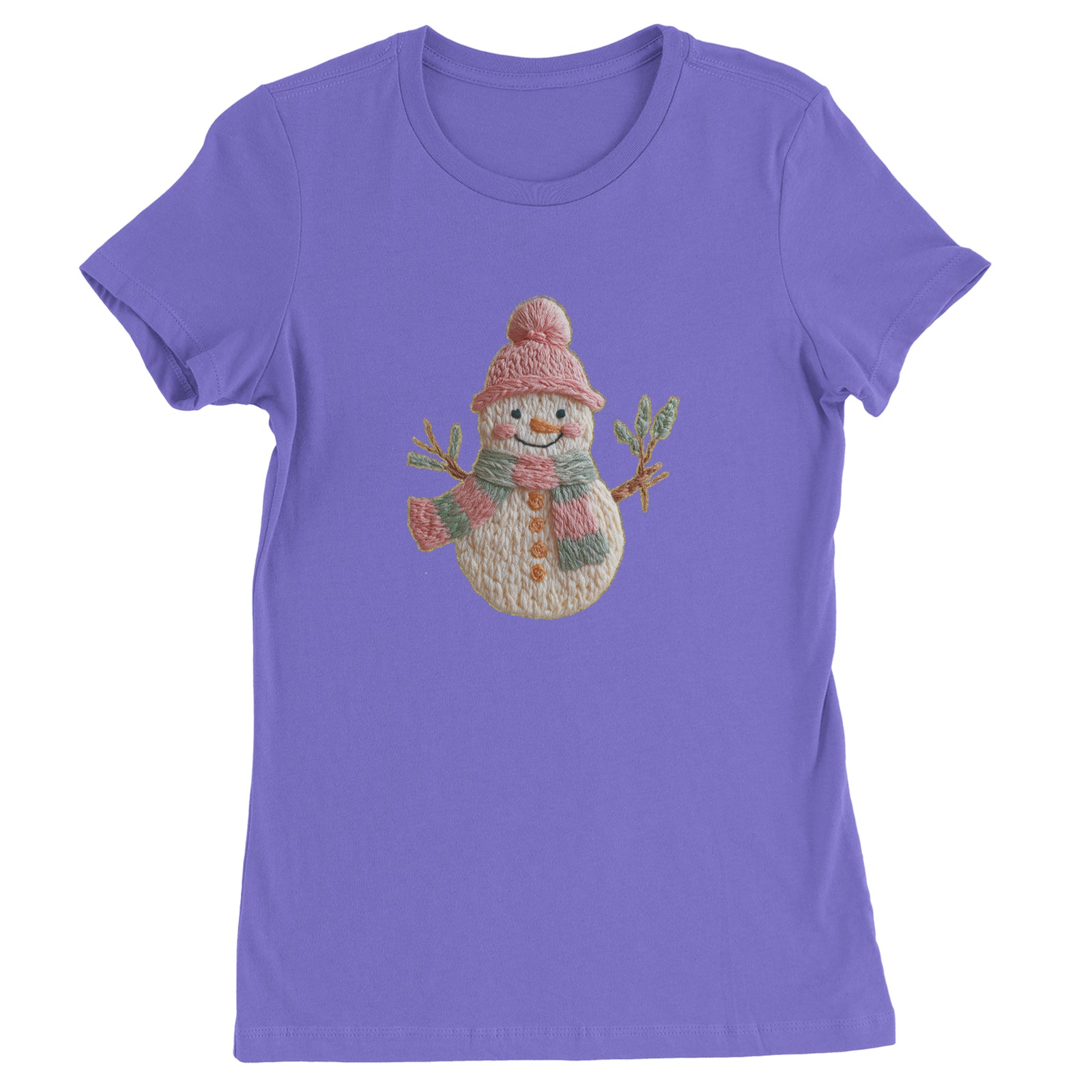 Vintage Snowman Embroidery Art Soft Cottagecore Womens T-shirt Purple
