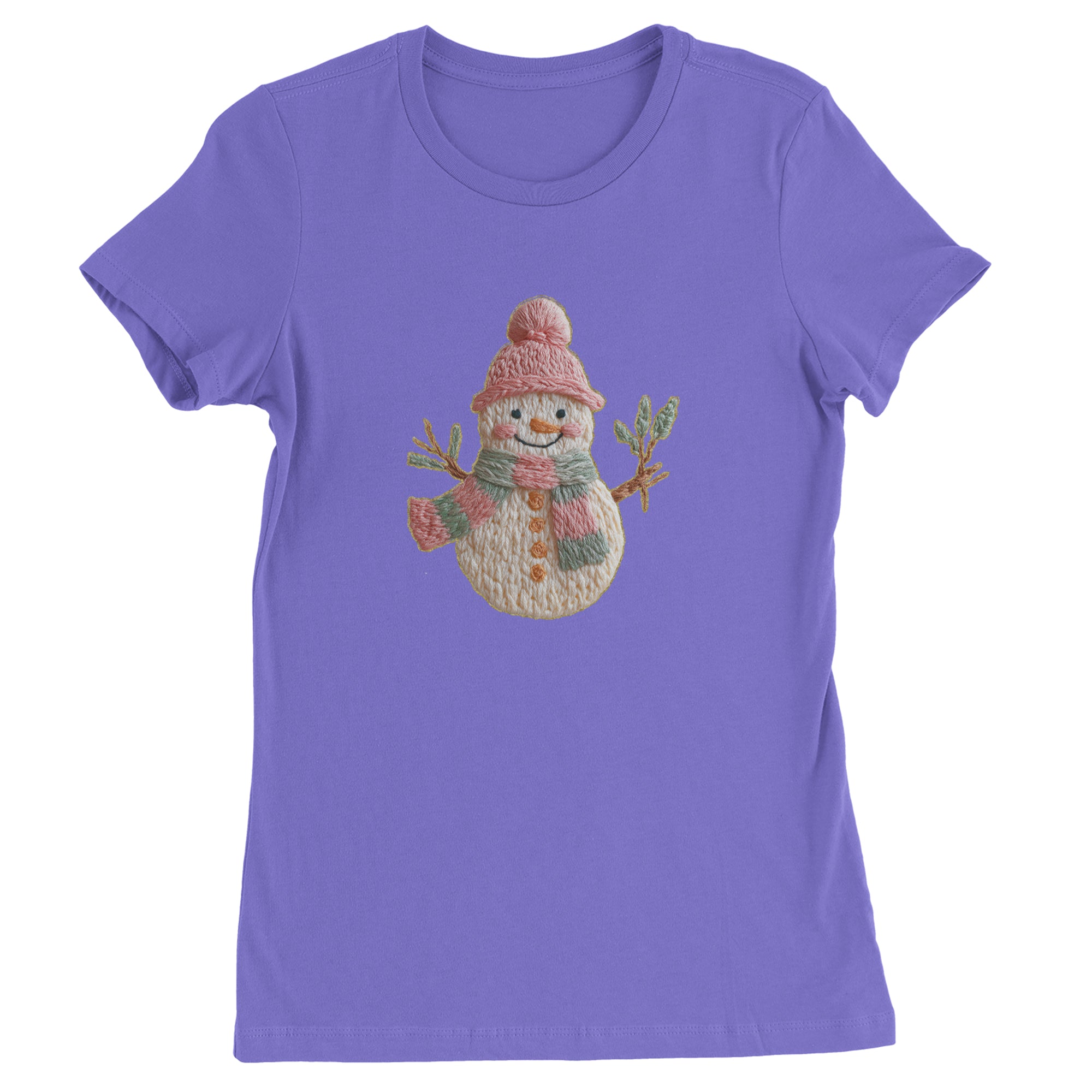 Vintage Snowman Embroidery Art Soft Cottagecore Womens T-shirt Purple