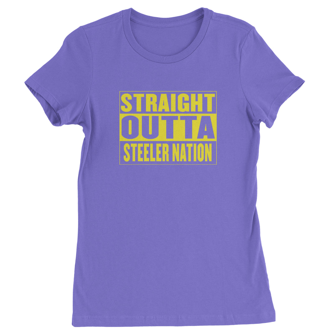 Straight Outta Steeler Nation Football graphic on Women's Heavyweight Cotton T-Shirt in Purple