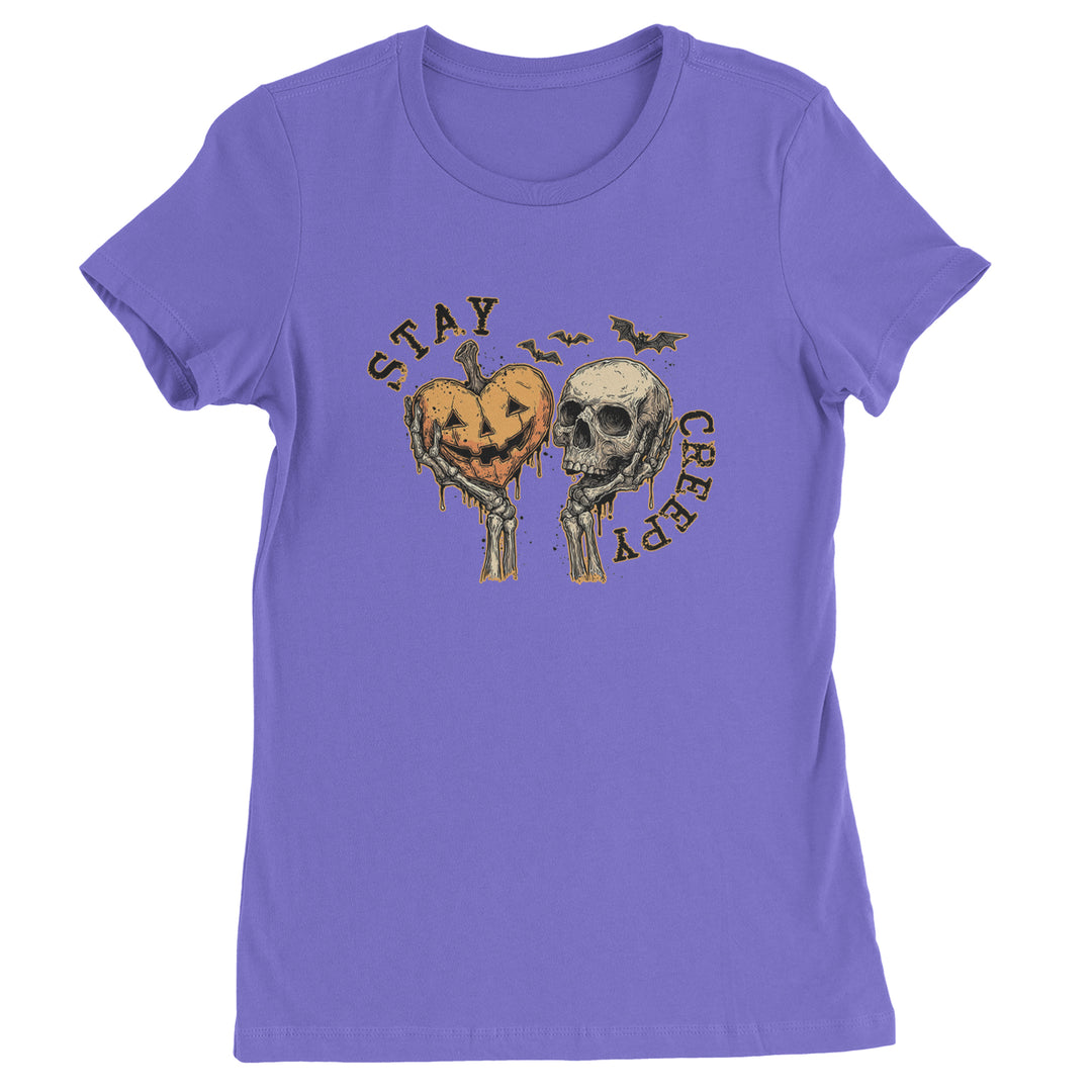 Stay Creepy Skull and Pumpkin Halloween Womens T-shirt Purple