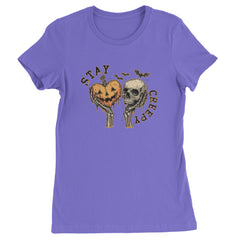 Stay Creepy Skull and Pumpkin Halloween Womens T-shirt Purple