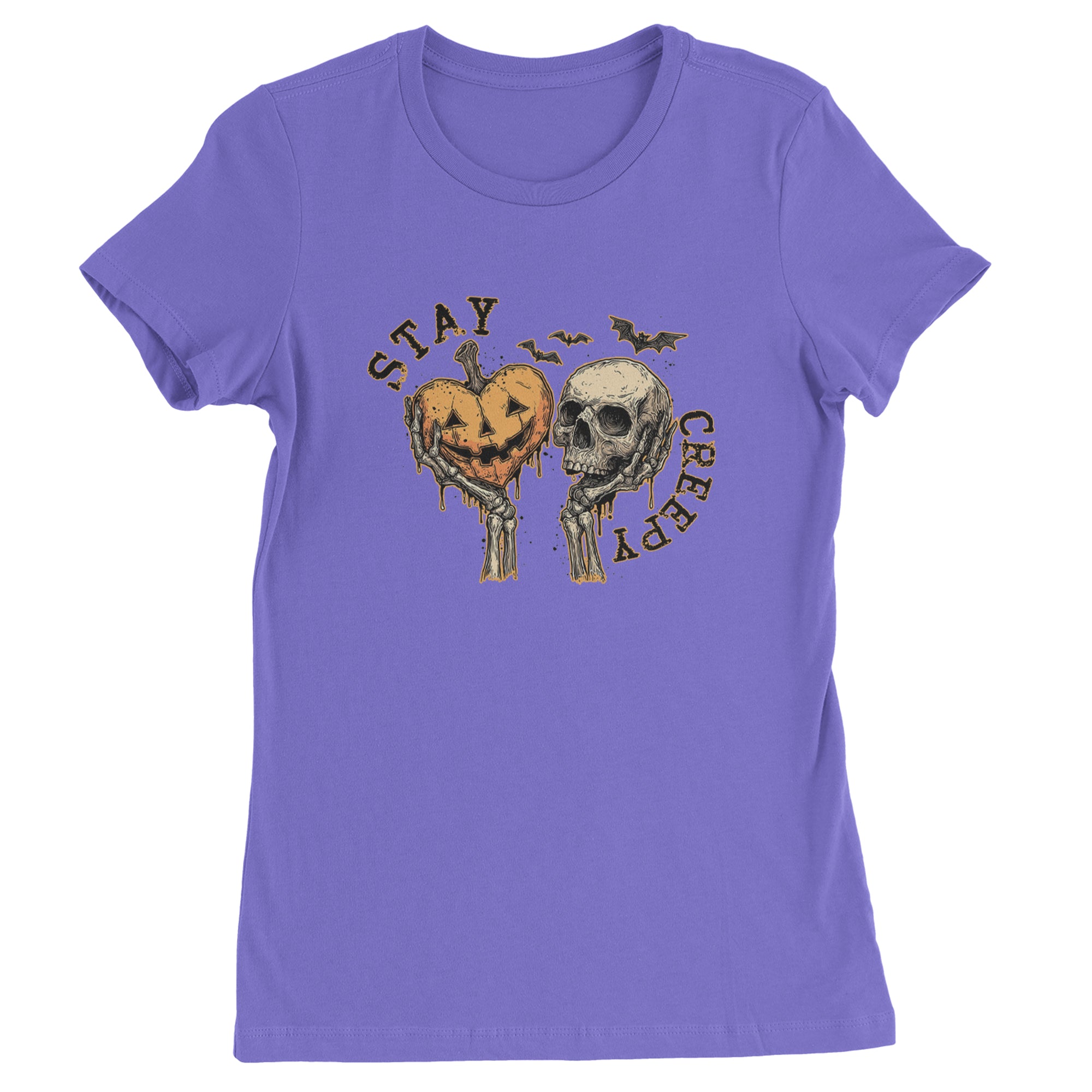 Stay Creepy Skull and Pumpkin Halloween Womens T-shirt Purple