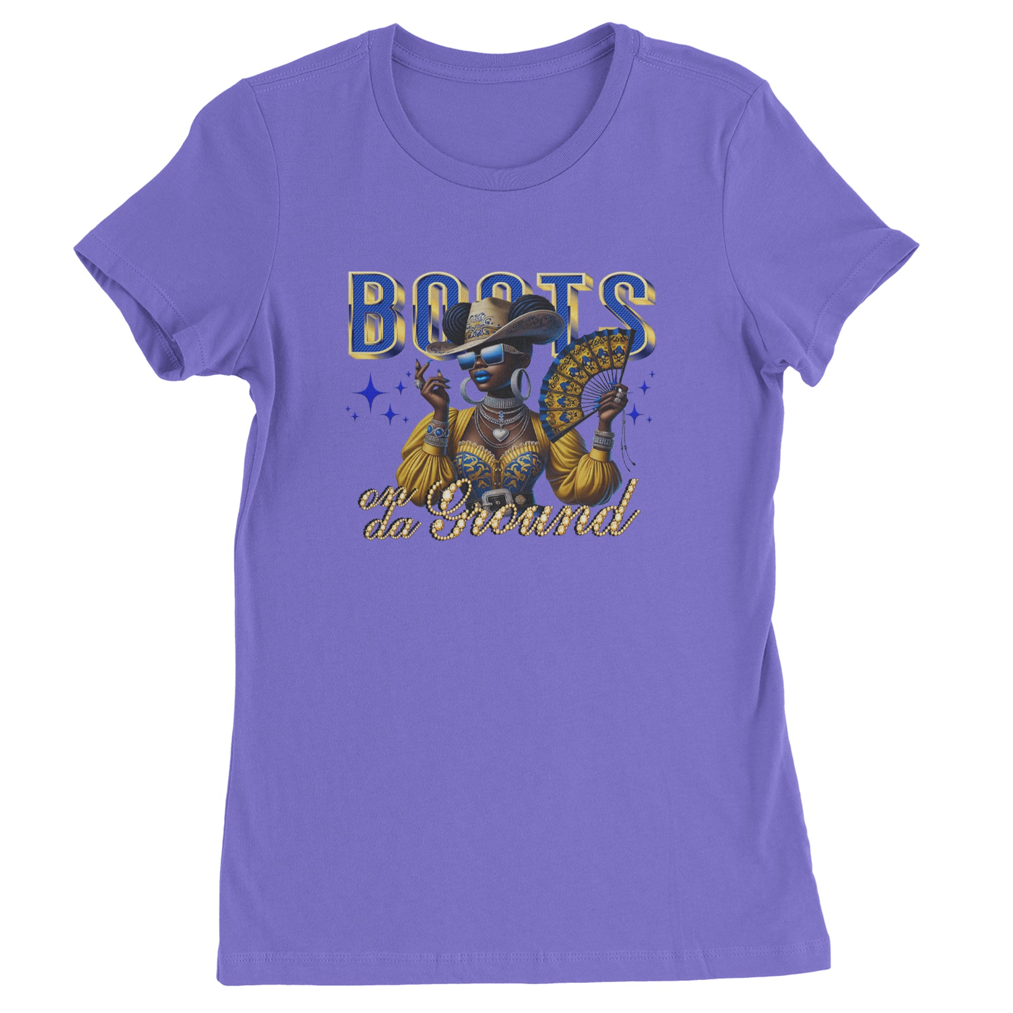 Boots On Da Ground Folding Fan Womens T-shirt Purple