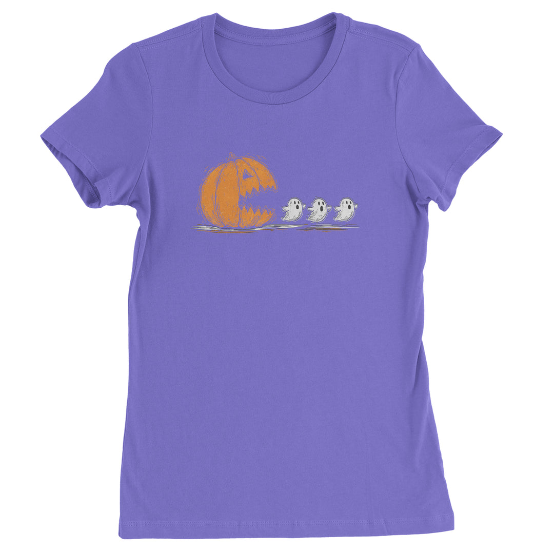 Pumpkin Pacman Chasing Ghosts Halloween Womens T-shirt Purple