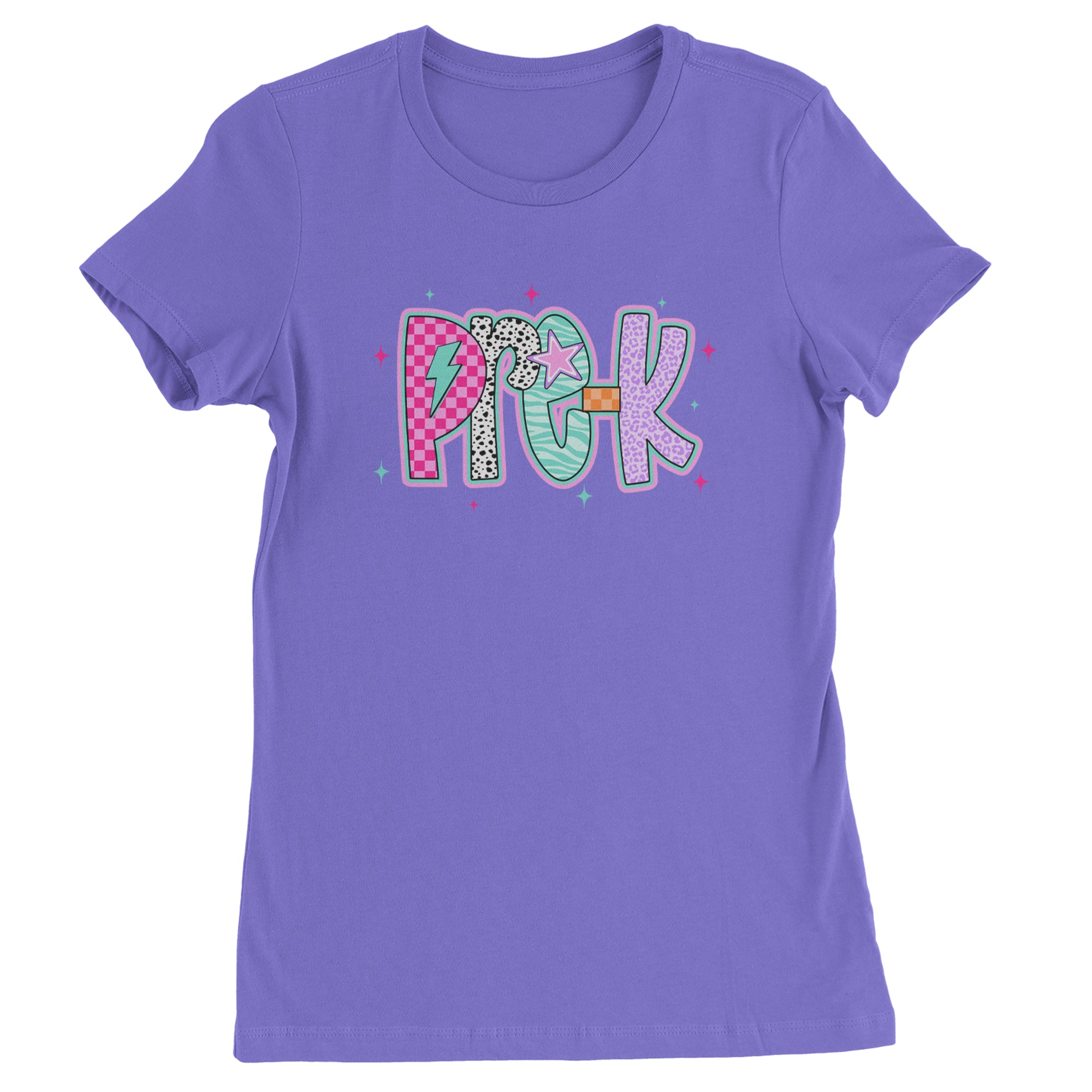 Pre-K Party Time Colorful Back to School Womens T-shirt Purple