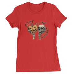 Stay Creepy Skull and Pumpkin Halloween Womens T-shirt Red