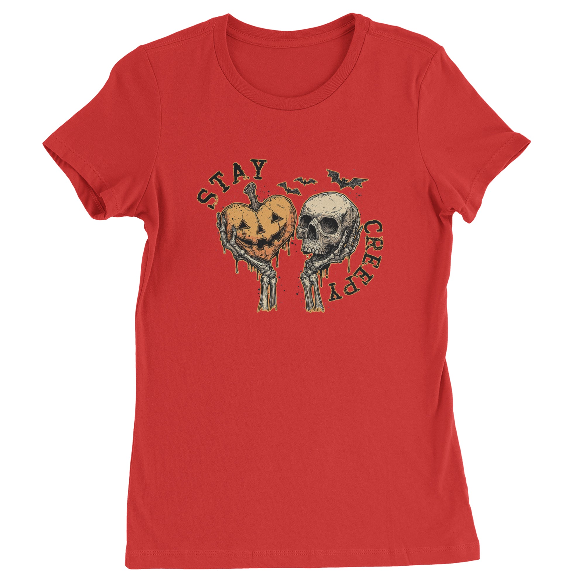 Stay Creepy Skull and Pumpkin Halloween Womens T-shirt Red