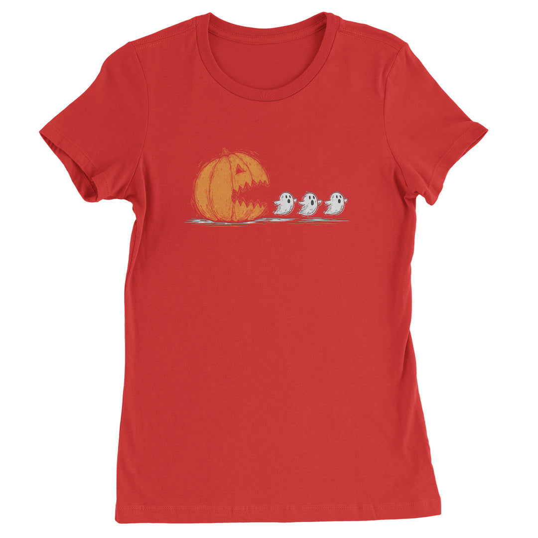 Pumpkin Pacman Chasing Ghosts Halloween Womens T-shirt Red