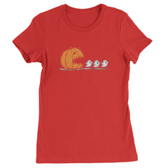 Pumpkin Pacman Chasing Ghosts Halloween Womens T-shirt Red