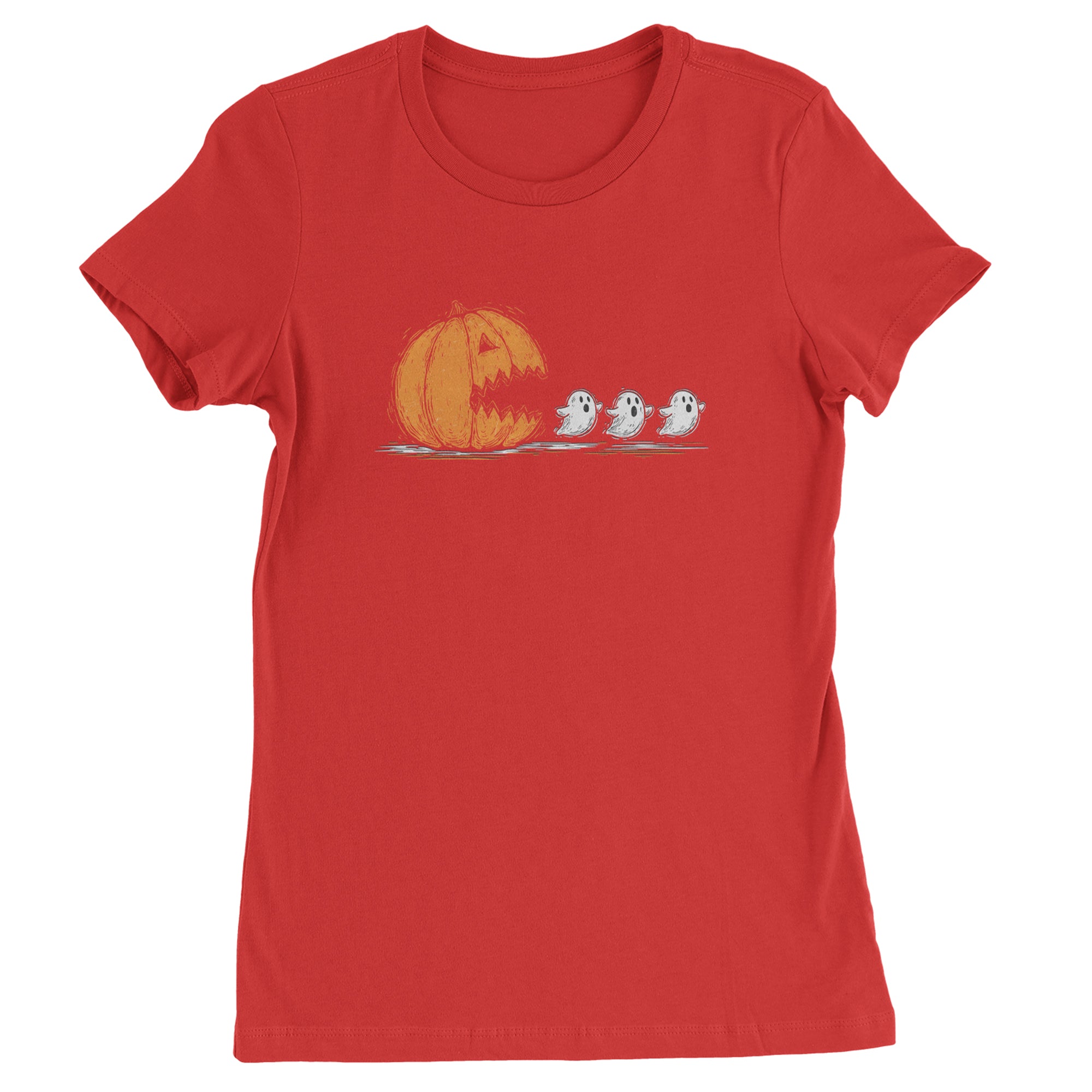 Pumpkin Pacman Chasing Ghosts Halloween Womens T-shirt Red