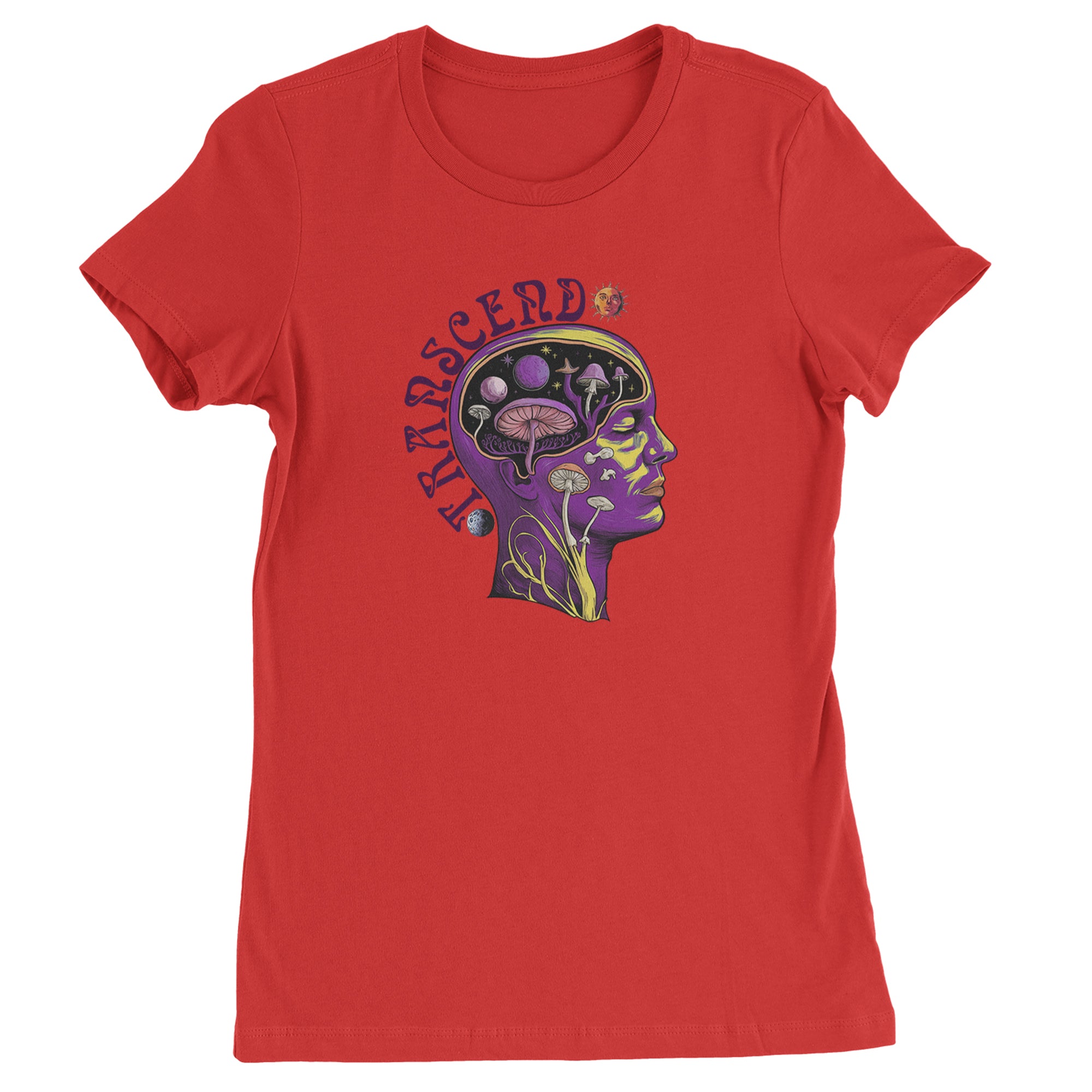 Psychedelic Cosmic Mushroom Head Womens T-shirt Red