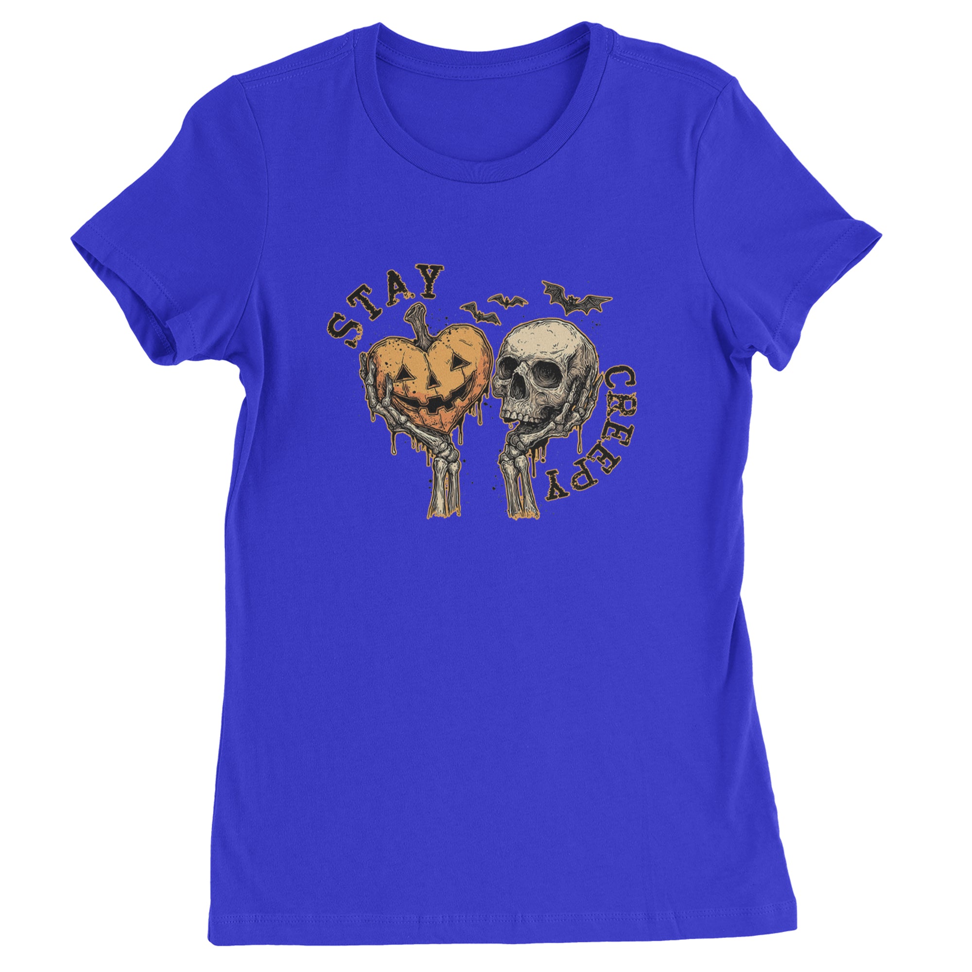 Stay Creepy Skull and Pumpkin Halloween Womens T-shirt Royal Blue