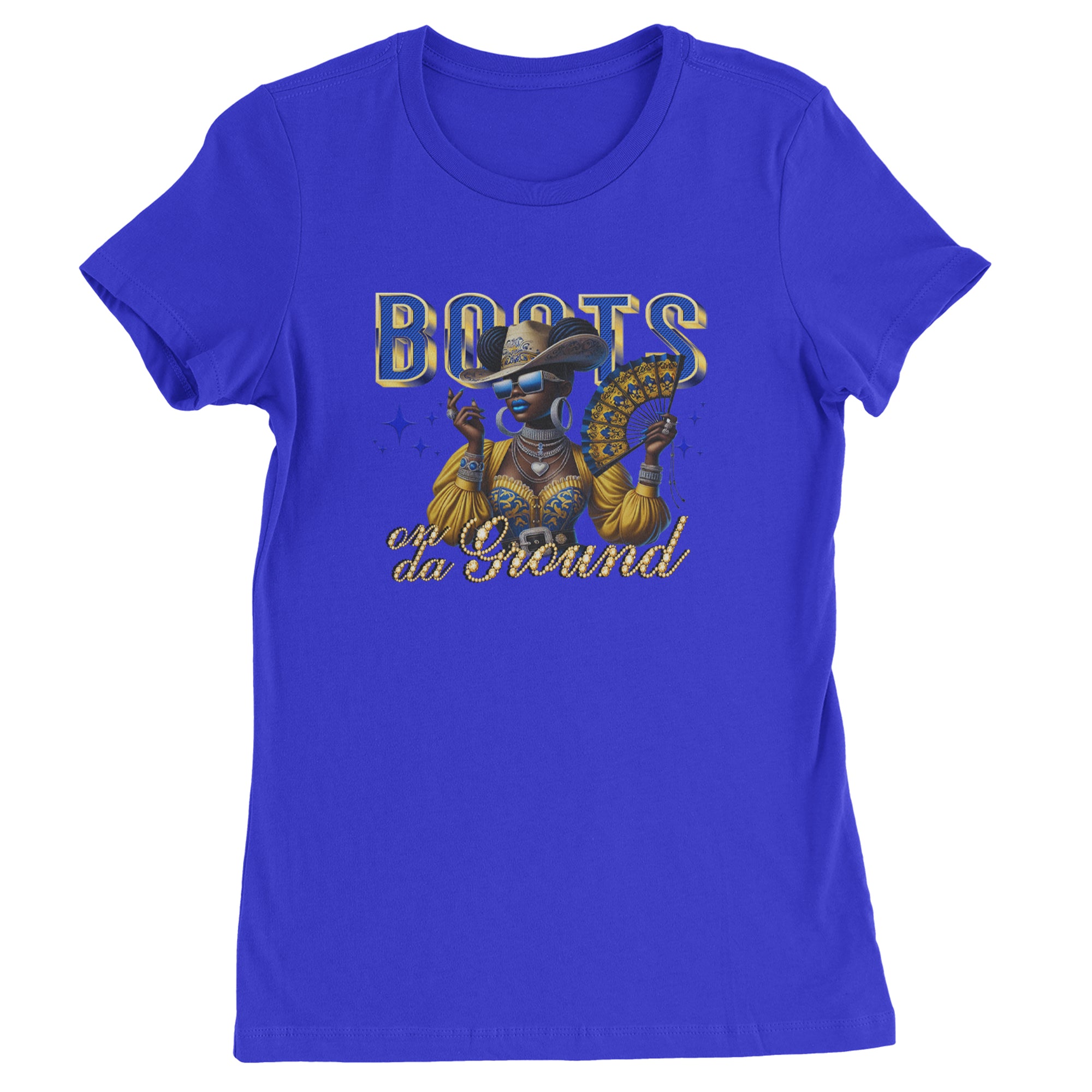 Boots On Da Ground Folding Fan Womens T-shirt Royal Blue