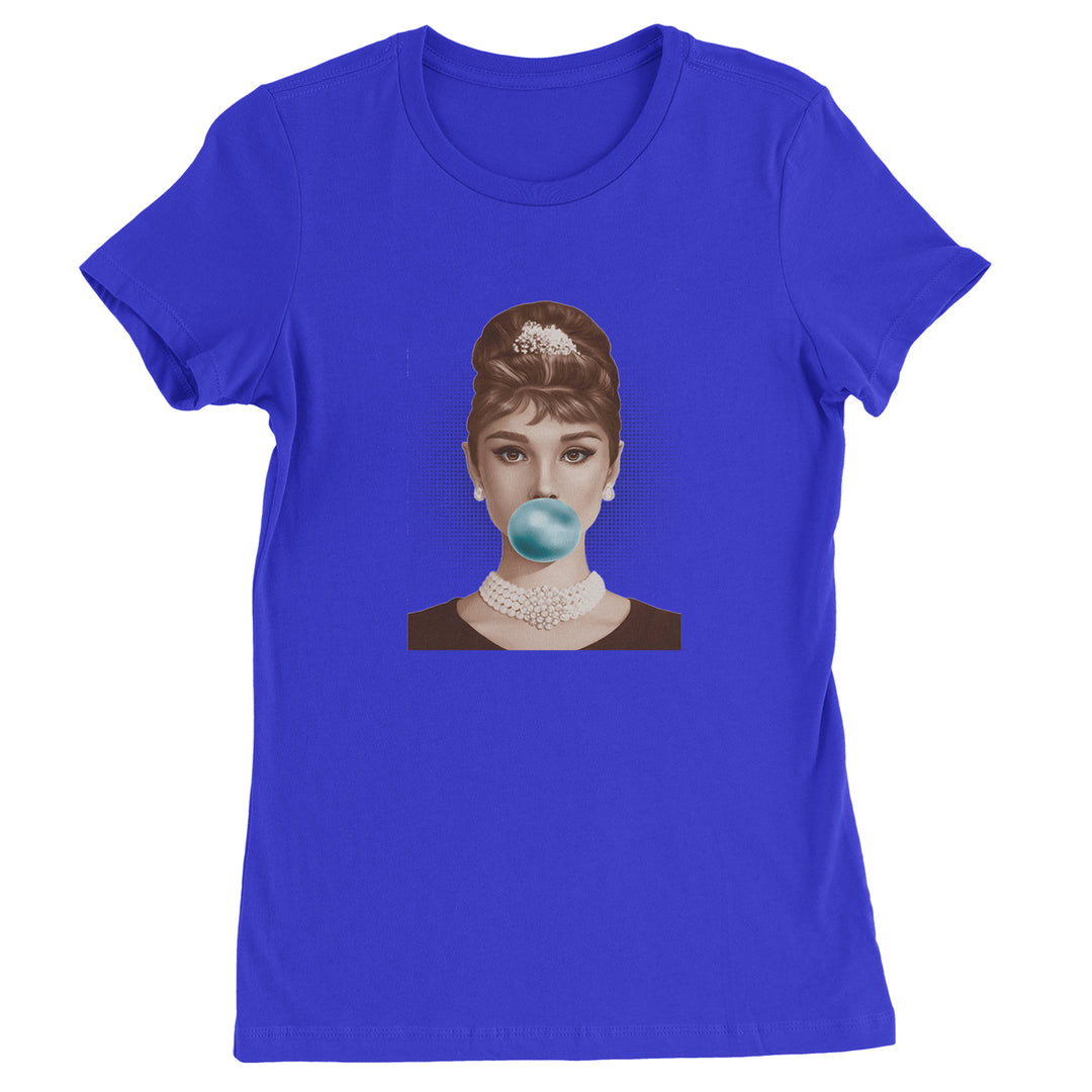 Audrey Hepburn Chewing Bubble Gum American Icon Womens T-shirt Royal Blue