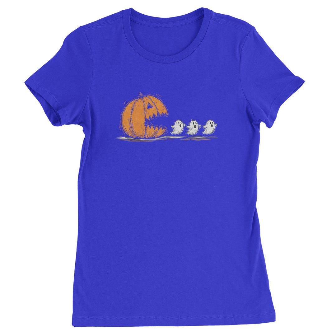 Pumpkin Pacman Chasing Ghosts Halloween Womens T-shirt Royal Blue