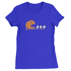 Pumpkin Pacman Chasing Ghosts Halloween Womens T-shirt Royal Blue