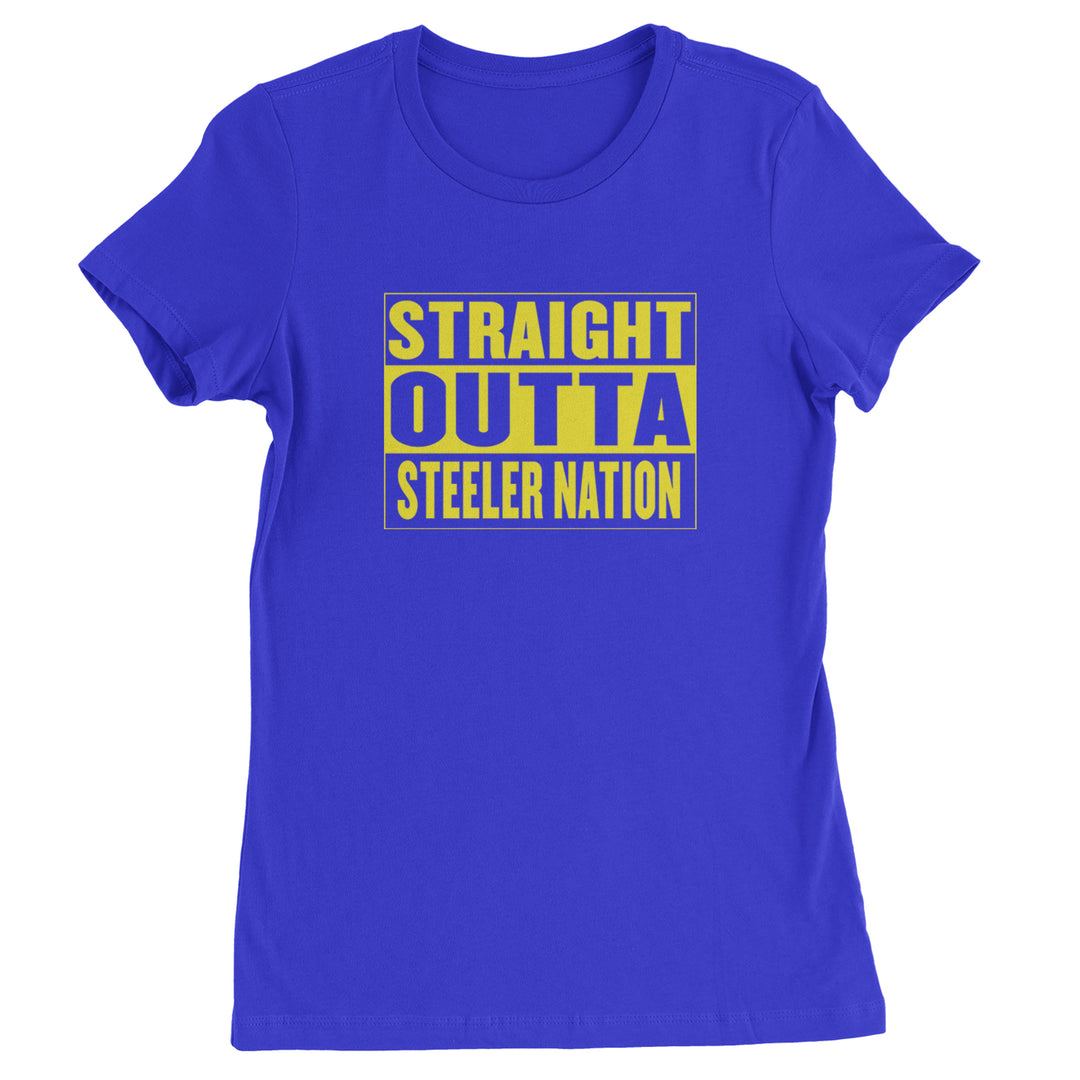 Straight Outta Steeler Nation Football graphic on Women's Heavyweight Cotton T-Shirt in Royal Blue