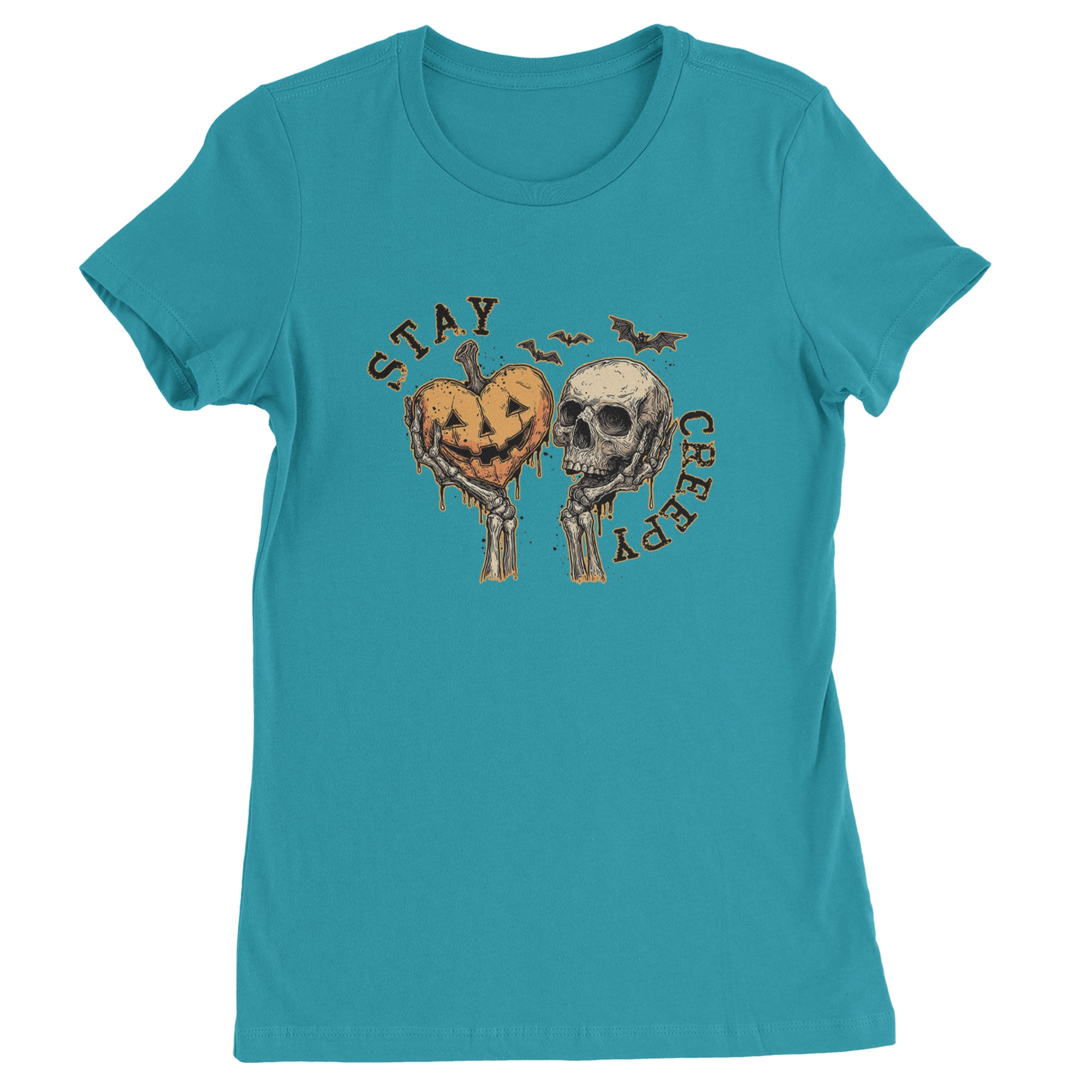 Stay Creepy Skull and Pumpkin Halloween Womens T-shirt Surf