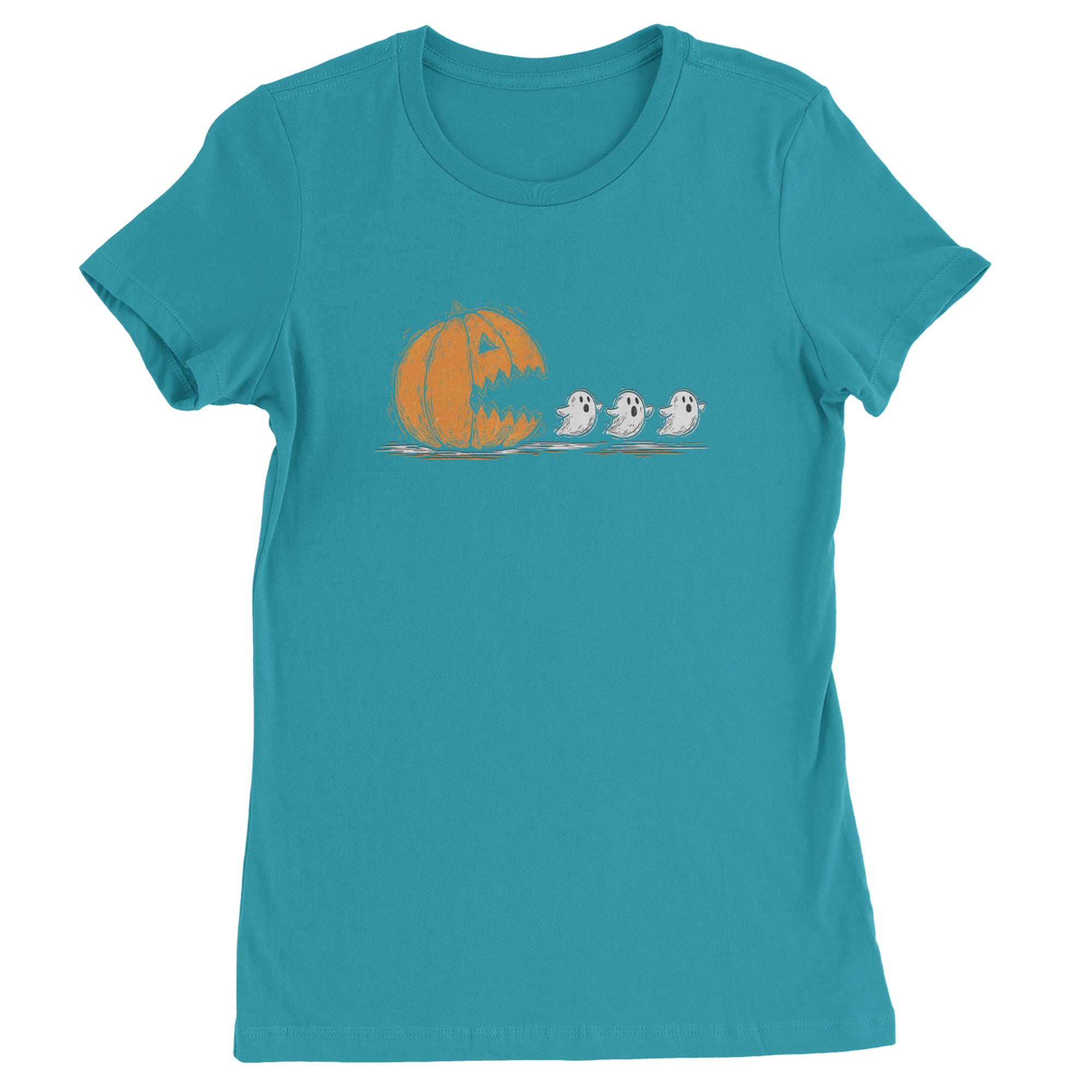 Pumpkin Pacman Chasing Ghosts Halloween Womens T-shirt Surf