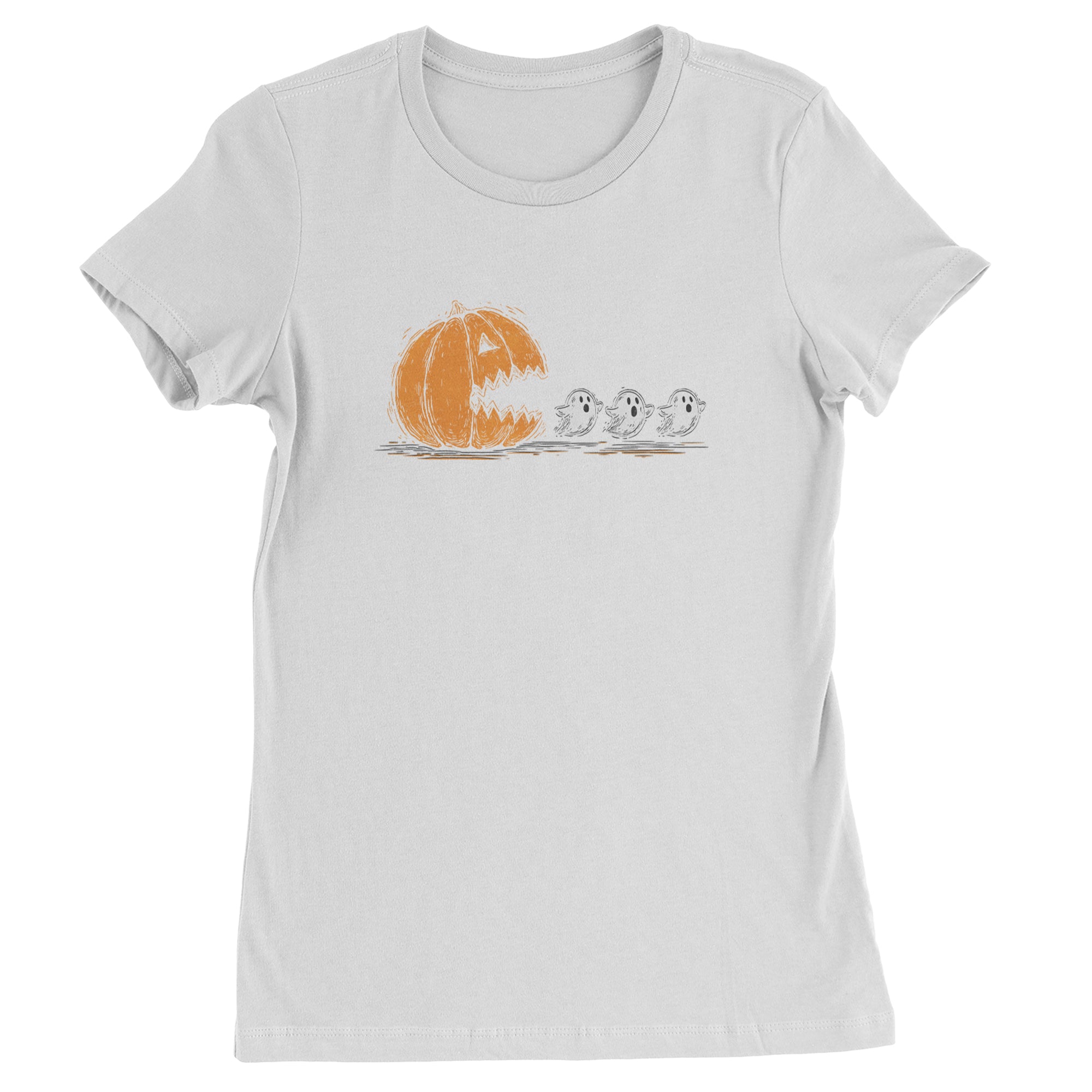 Pumpkin Pacman Chasing Ghosts Halloween Womens T-shirt White