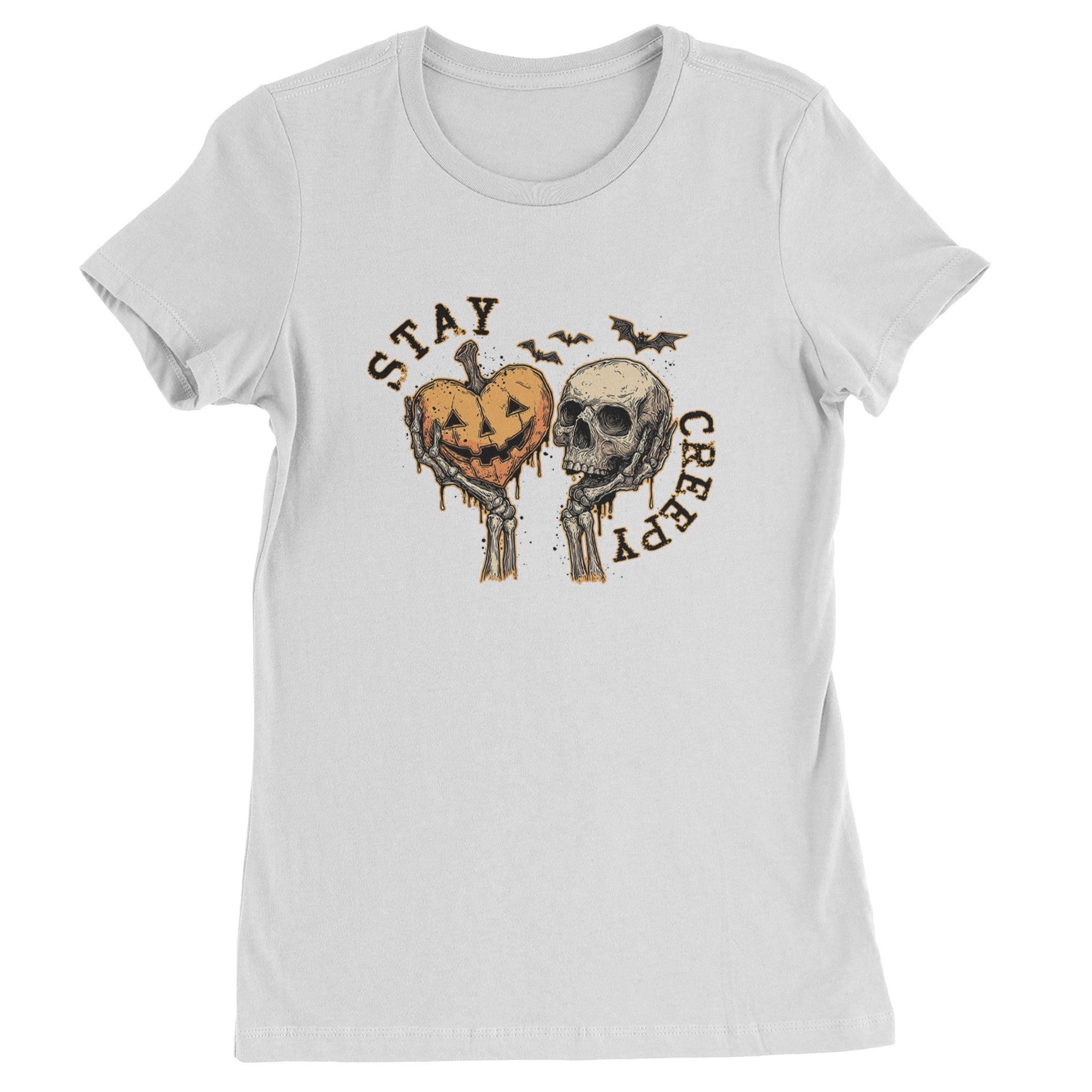 Stay Creepy Skull and Pumpkin Halloween Womens T-shirt White