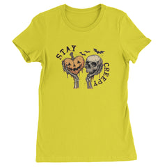 Stay Creepy Skull and Pumpkin Halloween Womens T-shirt Yellow