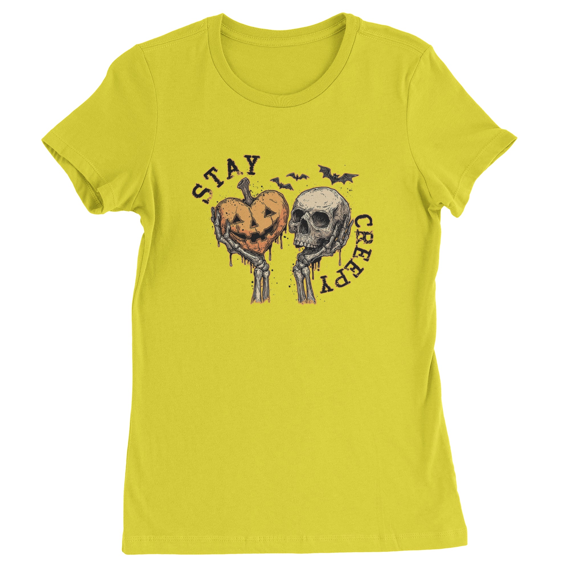 Stay Creepy Skull and Pumpkin Halloween Womens T-shirt Yellow