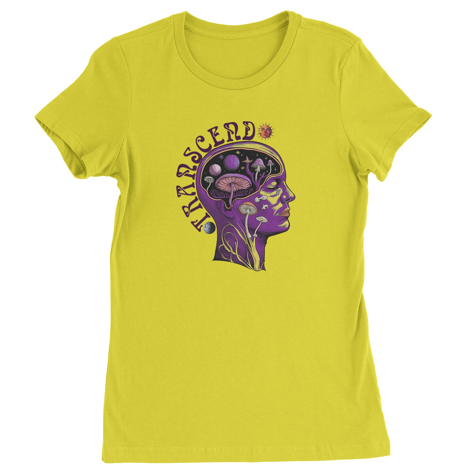 Psychedelic Cosmic Mushroom Head Womens T-shirt Yellow
