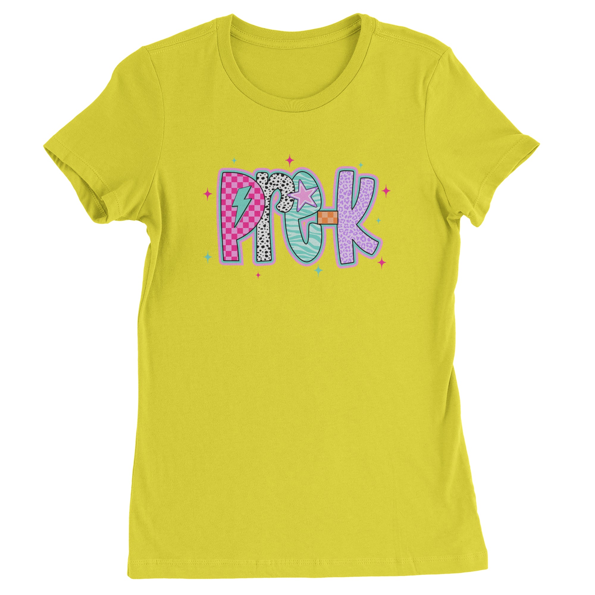 Pre-K Party Time Colorful Back to School Womens T-shirt Yellow