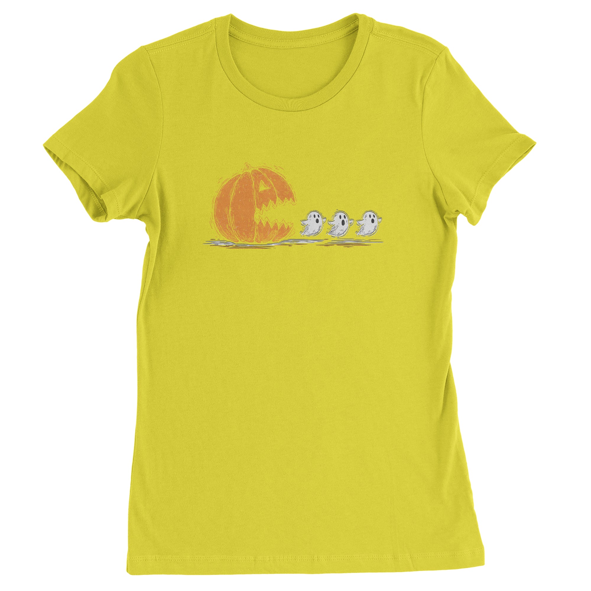 Pumpkin Pacman Chasing Ghosts Halloween Womens T-shirt Yellow