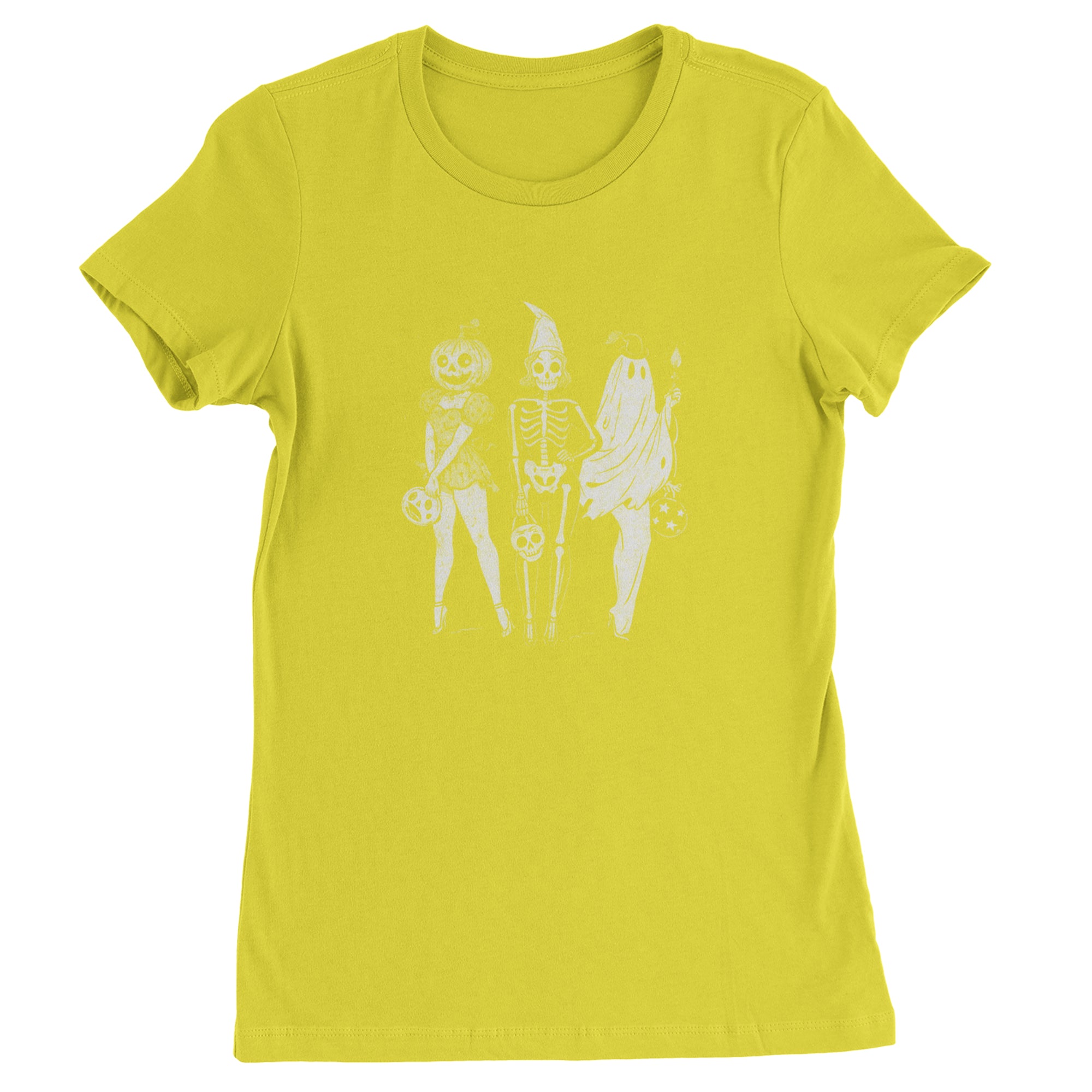 Vintage Spooky Squad Pinup Halloween Design Womens T-shirt Yellow